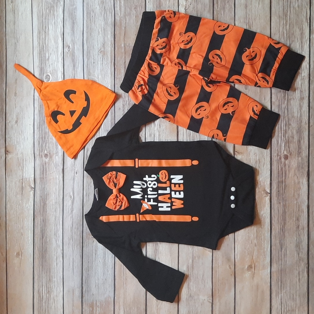 NWT My First Halloween Baby Boy Outfit Set 3PC Pumpkin Bodysuit Pants & Hat 3-6M